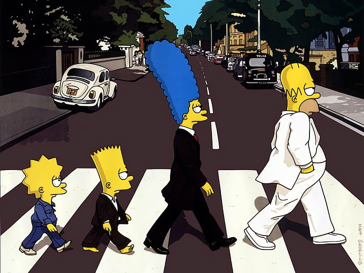 عائلة سمبسون مثل The Beatles Abbey Road ، ورق الحائط الرقمي ، The Simpsons ، و Bart Simpson ، و Homer Simpson ، و Lisa Simpson ، و Marge Simpson، خلفية HD