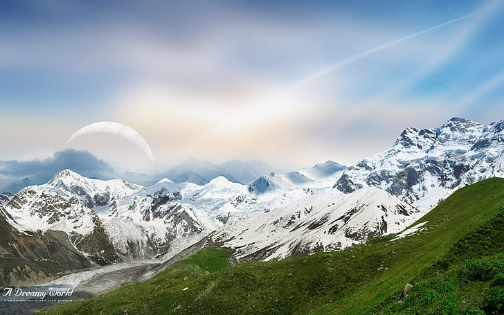 A Dreamy World 94th, mountains, grass, field, landscape, HD wallpaper
