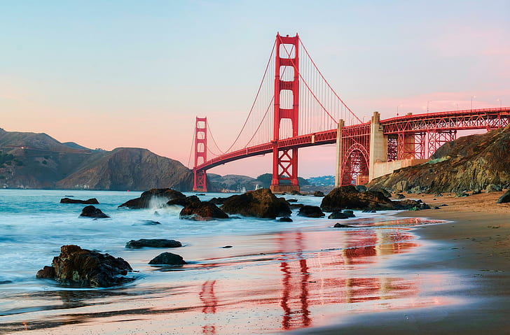 Golden Gate, red san francisco bridge photo, view, splendor, lovely, reflection, beach, nature, architecture, peaceful, beautiful, sunrise, HD wallpaper