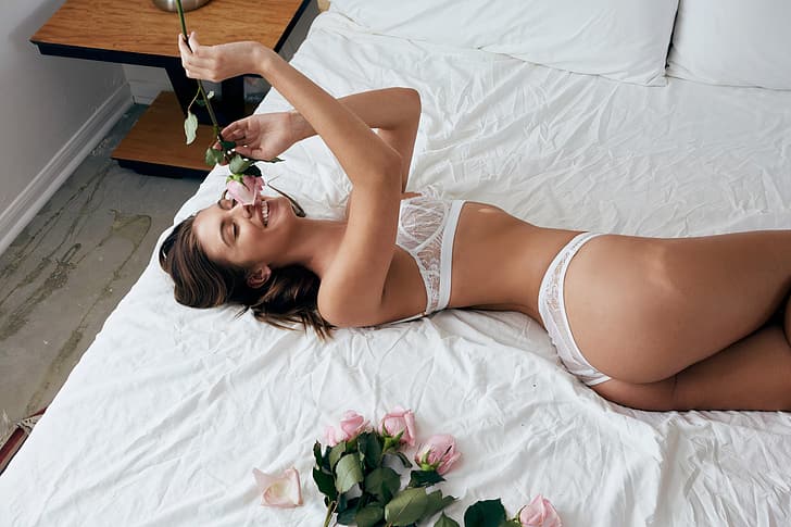 Carmella Rose, women, model, in bed, women indoors, white panties, white bra, pink roses, smiling, closed eyes, ass, HD wallpaper