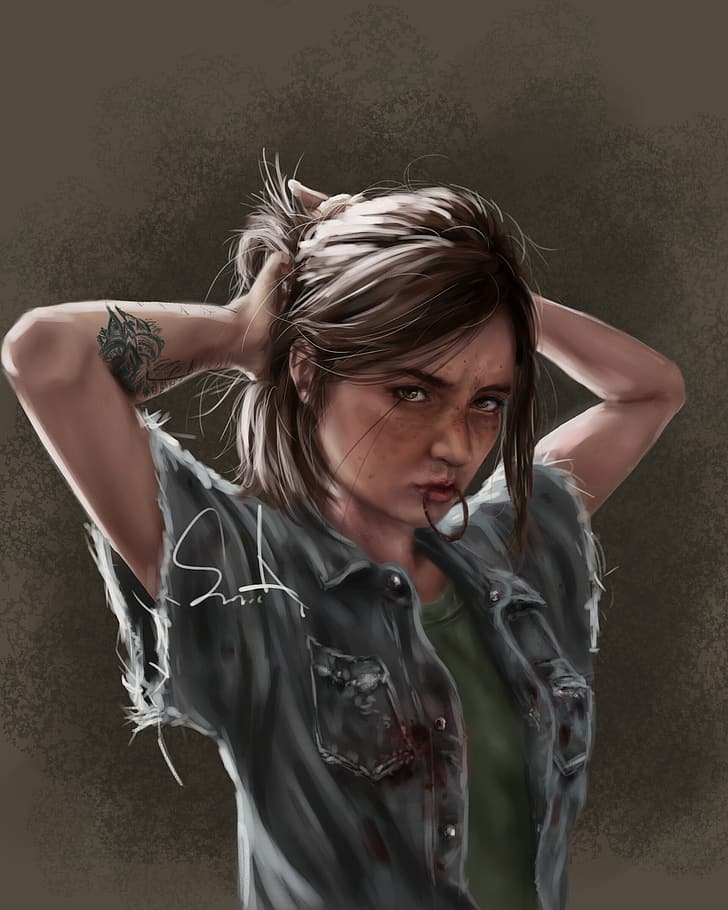 Small Alley, video games, video game girls, artwork, video game characters, digital painting, digital art, hands on head, hairbun, messy hairbun, messy hair, green top, hands in hair, arms behind head, T-shirt, grey jacket, hair band, looking at viewer, freckles, painted freckles, brunette, green eyes, sensual gaze, blood, fictional character, fictional characters, jacket, tattoo, portrait display, portrait, The Last of Us, The Last of Us 2, fan art, simple background, shiny, tattoo sleeve, shiny hair, brown background, Ellie, arms up, game art, Ellie Williams, ArtStation, HD wallpaper