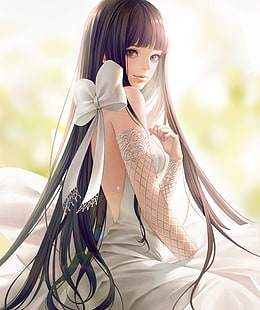 аниме момиче, булка, сватбена рокля, полуреалистична, черна коса, седнало, аниме, HD тапет HD wallpaper
