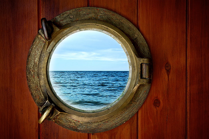 round gray metal framed boat window, sea, wave, the sky, style, the window, sky, collage, HD wallpapers., porthole, HD wallpaper