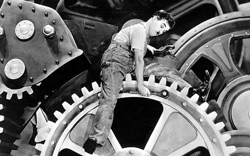 Съвременни времена, Чарли Чаплин, зъбни колела, машина, HD тапет HD wallpaper