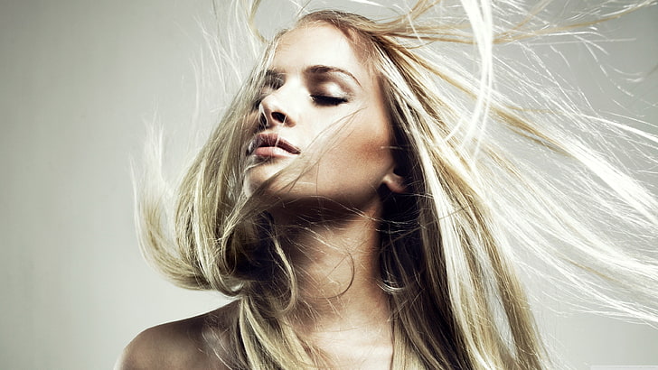 blonde, hair in face, closed eyes, long hair, simple background, women, model, face, HD wallpaper