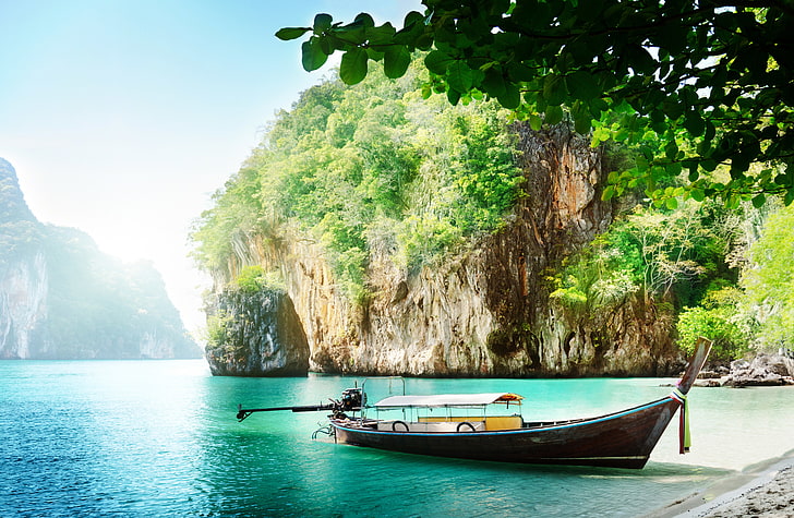 barca clinker marrone e blu, paesaggio, spiaggia, tropicale, Sfondo HD