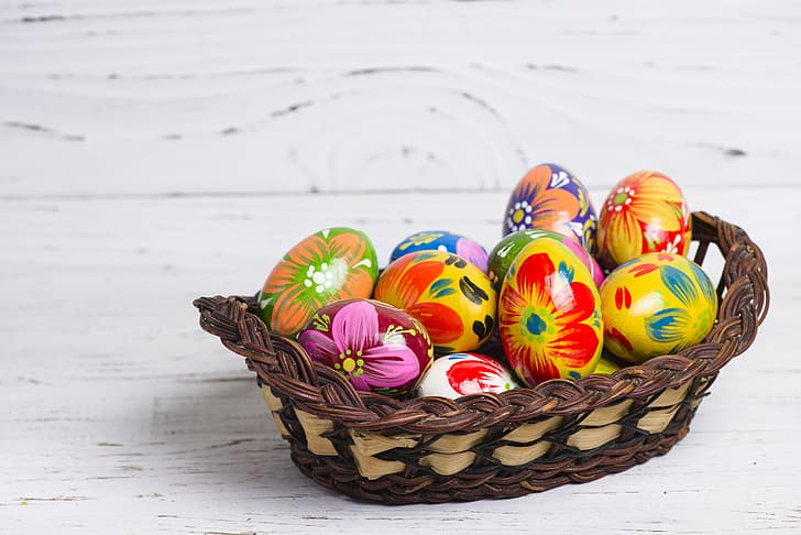 keranjang, musim semi, warna-warni, Paskah, kayu, telur, dekorasi, Happy, busket, telur yang dicat, Wallpaper HD