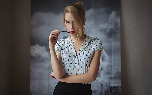 Ksenia Kokoreva, women, Sergey Fat, blonde, glasses, red lipstick, portrait, looking at viewer, HD wallpaper HD wallpaper