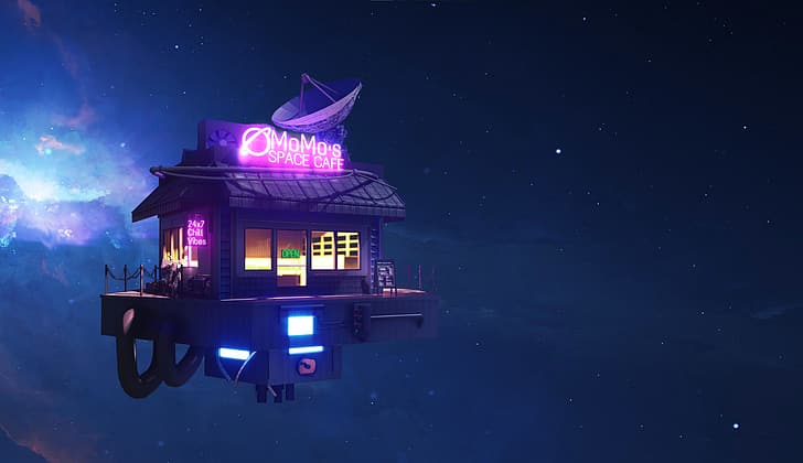 science fiction, cafe, floating, digital art, stars, space, neon sign, HD wallpaper