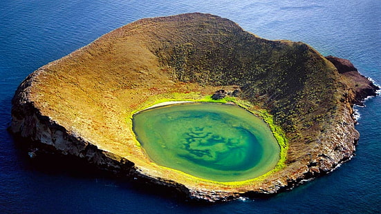 naturaleza, paisaje, volcán, cráter, lago, isla, Ecuador, mar, Fondo de pantalla HD HD wallpaper
