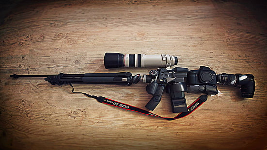black DSLR camera and gray camera lens, camera, Canon, lens, weapon, rifles, tripod, sniper rifle, Manfrotto, HD wallpaper HD wallpaper