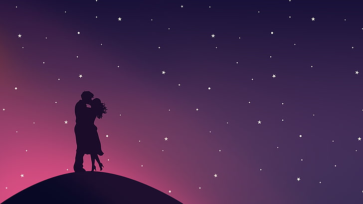 silhouette of man and woman kissing wallpaper, couple, silhouettes, stars, kiss, hugs, HD wallpaper