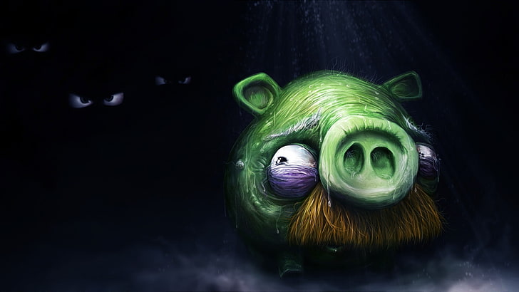 green video games old cartoonish darkness moustache artwork angry birds games pig scared 1920x108 Animals Birds HD Art , Green, Video Games, HD wallpaper