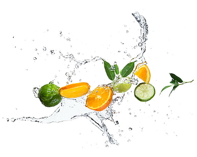 limoni arancioni e verdi, acqua, gocce, schizzi, arancia, lime, agrumi, foglie, fette, Sfondo HD HD wallpaper