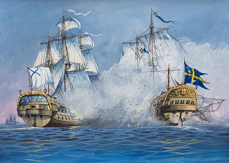 brown and white battle ships on sea painting, wave, oil, explosions, ships, bursts, battle, art, watercolor, Navy, Russia, the battle, Sweden, sea, water, painting, shots, guns, sailing, gouache., The great Northern war, courts, HD wallpaper