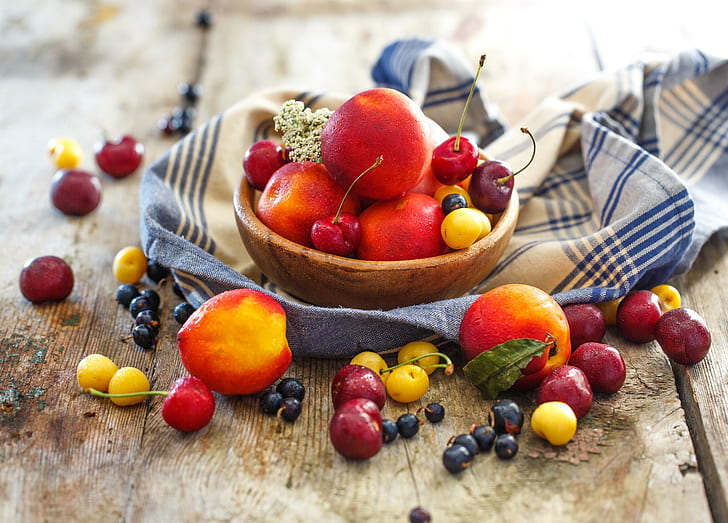 fruits, berries, plate, peaches, cherries, fruits, berries, plate, peaches, cherries, HD wallpaper