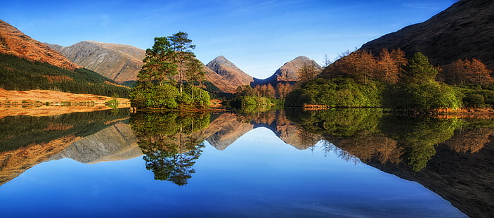 wide photography of body of water near green trees and mountains, Lochan, Urr, Glen Etive, photography, body of water, green, trees, mountains, Buachaille Etive Mor, Buachaille Etive Beag, reflection, reflections, peaceful, calm, West Highlands, Highlands  Scotland, nature, mountain, lake, landscape, scenics, water, outdoors, autumn, river, beauty In Nature, travel, sky, blue, tree, forest, mountain Range, rock - Object, HD wallpaper HD wallpaper