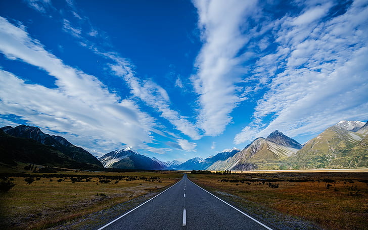nature, landscape, mountains, road, clouds, trees, snowy peak, hills, grass, field, New Zealand, HD wallpaper