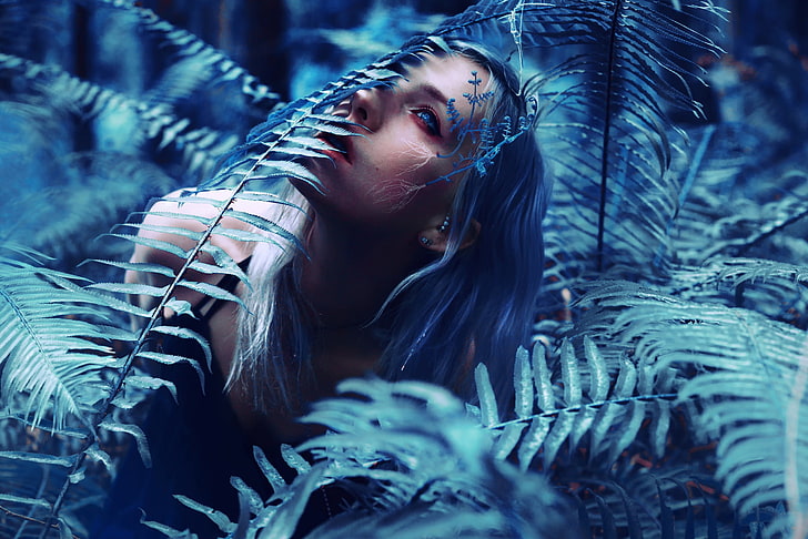 синий, растения, синие волосы, лицо, женщины, HD обои