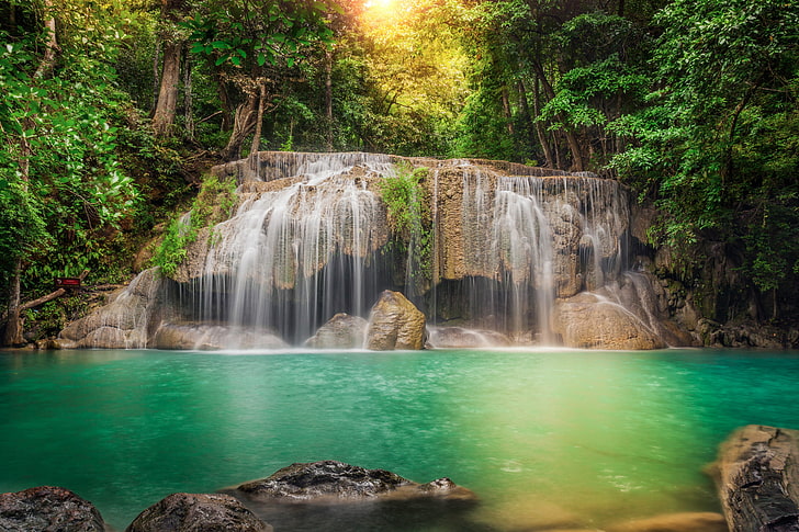 waterfalls, forest, trees, river, stones, waterfall, treatment, stream, jungle, Thailand, cascade, HD wallpaper