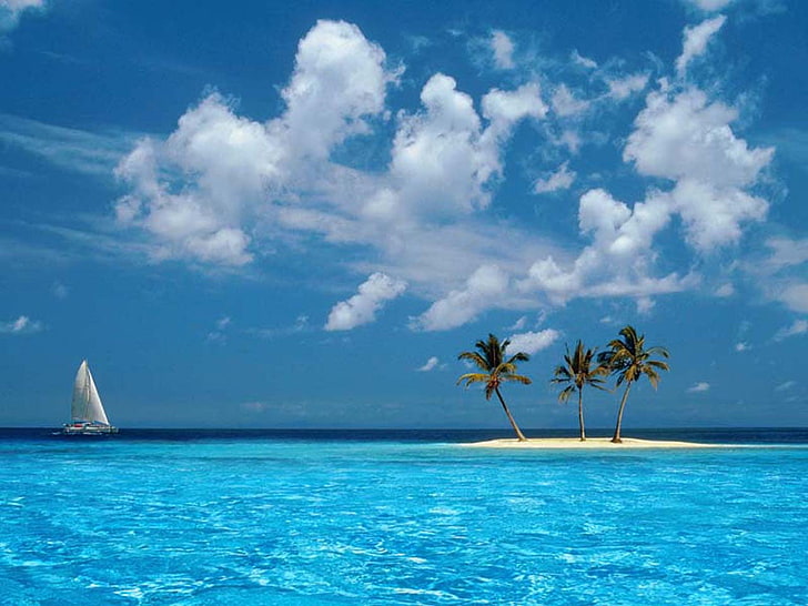 havsbåt tropiska fönster xp öar palmer skyskrapor 1280x960 Natur hav HD konst, hav, båt, HD tapet