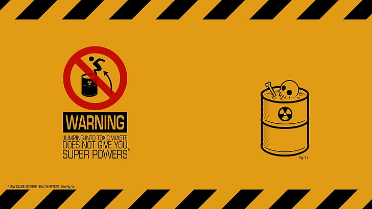 warning jumping into toxic waste does not give you super powers wallpaper, warning signs, radioactive, skull, bones, yellow, simple, minimalism, digital art, humor, HD wallpaper