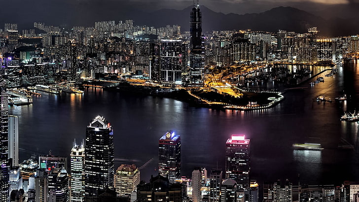 edifícios da cidade, hong kong, arranha-céus, edifícios, rio, banco, HD papel de parede