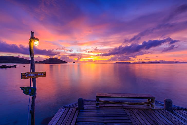 ทะเล ชายหาด ฤดูร้อน ท้องฟ้า พระอาทิตย์ตก เพียร์ซ ท้องฟ้า สีชมพู ซีสเคป สวย สีม่วง, วอลล์เปเปอร์ HD