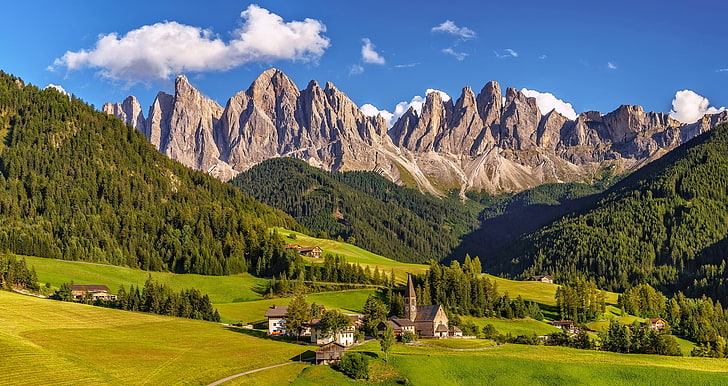 mountains, valley, village, Italy, panorama, The Dolomites, South Tyrol, Dolomite Alps, HD wallpaper