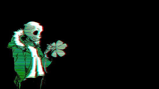 skelett med grön jacka tapet, Undertale, Sans, kromatisk aberration, glitch art, enkel bakgrund, huvor, skelett, HD tapet HD wallpaper