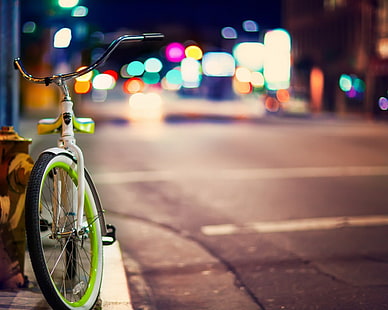 green and white bike, bicycle, urban, vehicle, bokeh, city, lights, HD wallpaper HD wallpaper