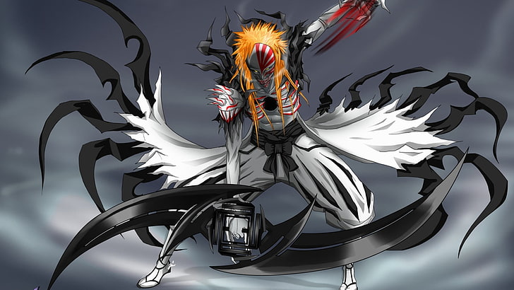 Illustrazione di Ichigo Kurosaki, candeggina, spada, Kurosaki Ichigo, Hollow, Sfondo HD