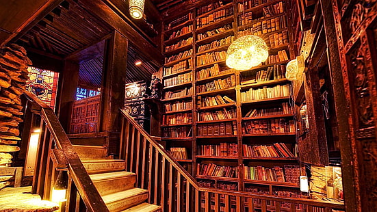 библиотека, лампа, дерево, здание, публичная библиотека, книга, антиквариат, лестница, старый, HD обои HD wallpaper