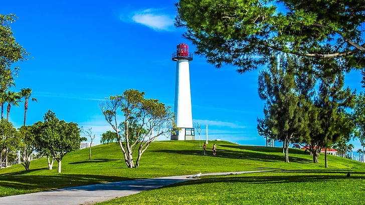 white and red lighthouse surrounded by trees at daytime, long beach, long beach, Parkers, Lighthouse, Long Beach, CA, red, trees, daytime, green  blue, white  light, light  house, harbor, marine, maritime, california, tourist, visit, grass, shoreline, shore, frame, beauty  culture, seagull, Spirit  Photography, creativecommons, HD wallpaper