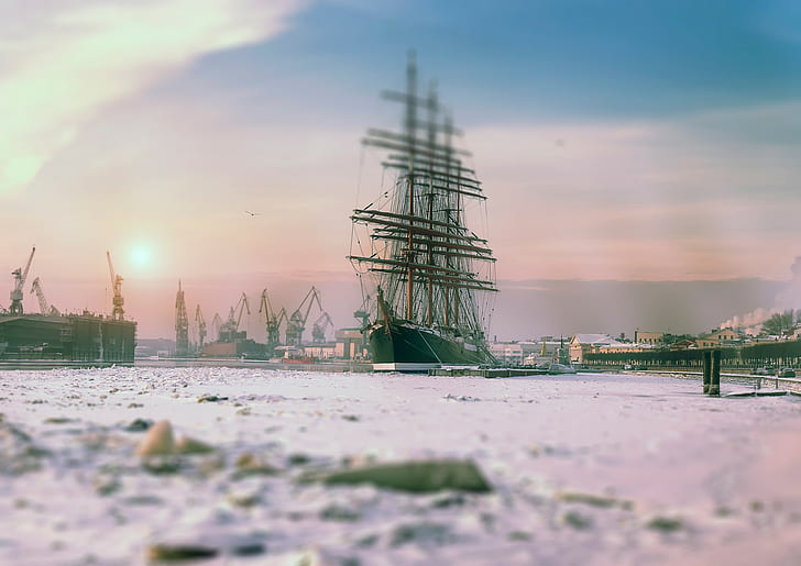 Saint-Pétersbourg, ville, navire, hiver, glace, Fond d'écran HD