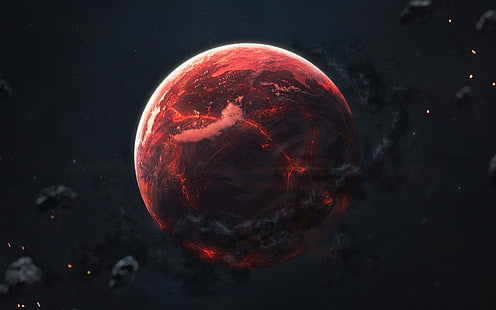 illustrazione della luna rossa, 500px, Vadim Sadovski, spazio, arte spaziale, arte digitale, pianeta, rosso, buio, Sfondo HD HD wallpaper