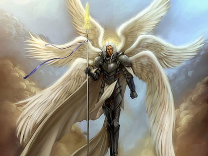 رجل ذو شعر أبيض يحمل سلاحًا مع خلفية أجنحة بيضاء ، فانتازيا ، ملاك محارب ، ملاك ، سيرافيم، خلفية HD HD wallpaper