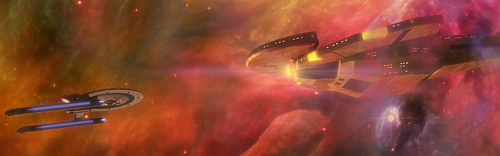 schwarze und blaue Raumschiffe, Star Trek, Weltraum, Nebel, Sterne, Raumschiff, Doppelmonitore, Mehrfachanzeige, HD-Hintergrundbild