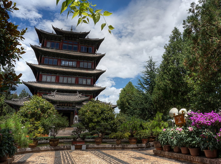 Пагода на върха на хълма - Лицзян, Китай, храм от сив и кафяв бетон, Азия, Китай, HD тапет