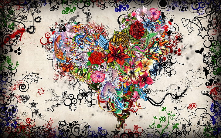 Coeur de fleurs, rouge, blanc, jaune, vert, bleu coeur artwork, amour, fond, Fond d'écran HD