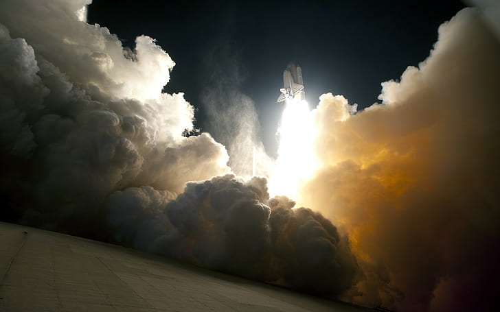 space shuttle, Launch, smoke, spaceship, HD wallpaper