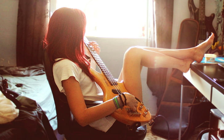 mujer, guitarra, bajo, descalzo, Fondo de pantalla HD