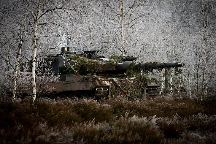 Bundeswehr, Leopard 2, allemand, réservoir, bidon, 2a6m, forêt, MBT, camouflage, hiver, Fond d'écran HD