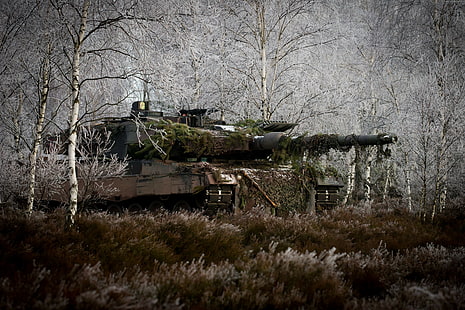 Bundeswehr, Leopard 2, alemán, tanque, lata, 2a6m, bosque, MBT, camuflaje, invierno, Fondo de pantalla HD HD wallpaper