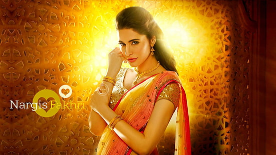 Nargis Fakhri In Orange Sari, Gwiazdy, Nargis Fakhri, Bollywood, Aktorka, Pomarańczowy, Sari, Tapety HD HD wallpaper