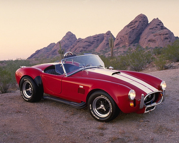 klasyczna czerwona Shelby Cobra, ac, kobra, 1962, czerwony, sport, retro, styl, widok z boku, kabriolet, pustynia, samochód, Tapety HD