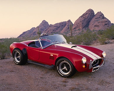 คลาสสิกสีแดง Shelby Cobra, ac, งูเห่า, 1962, สีแดง, กีฬา, ย้อนยุค, สไตล์, มุมมองด้านข้าง, เปิดประทุน, ทะเลทราย, รถ, วอลล์เปเปอร์ HD HD wallpaper