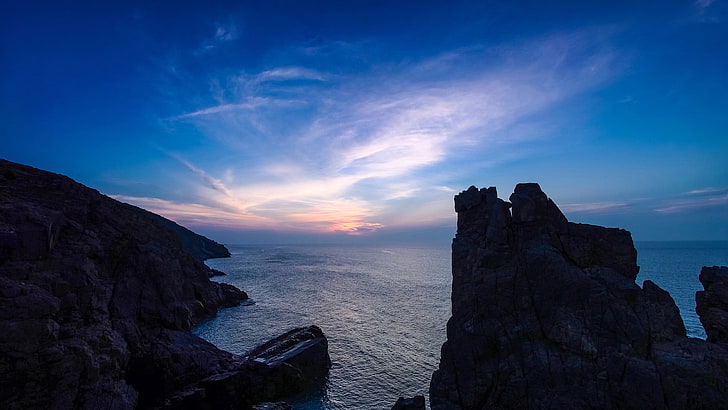 sea, horizon, rocks, cliff, blue, water, HD wallpaper