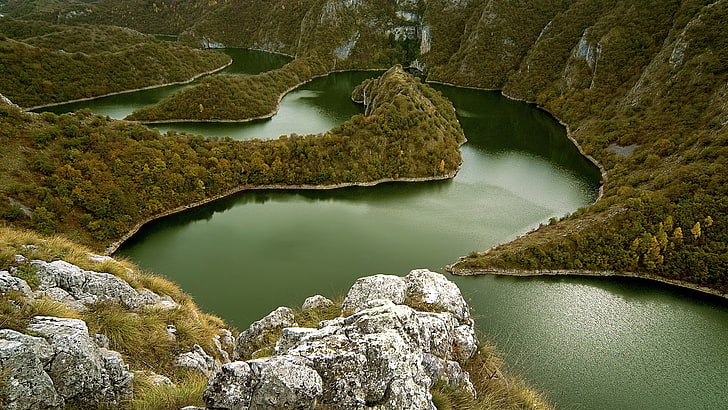 fragment de pierre marron et blanc, rivière, nature, paysage, forêt, vallée, Fond d'écran HD