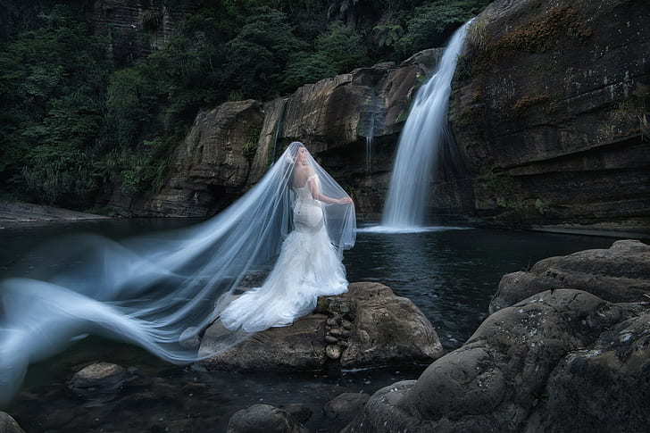 pengantin wanita, air terjun, wanita di luar ruangan, Wallpaper HD